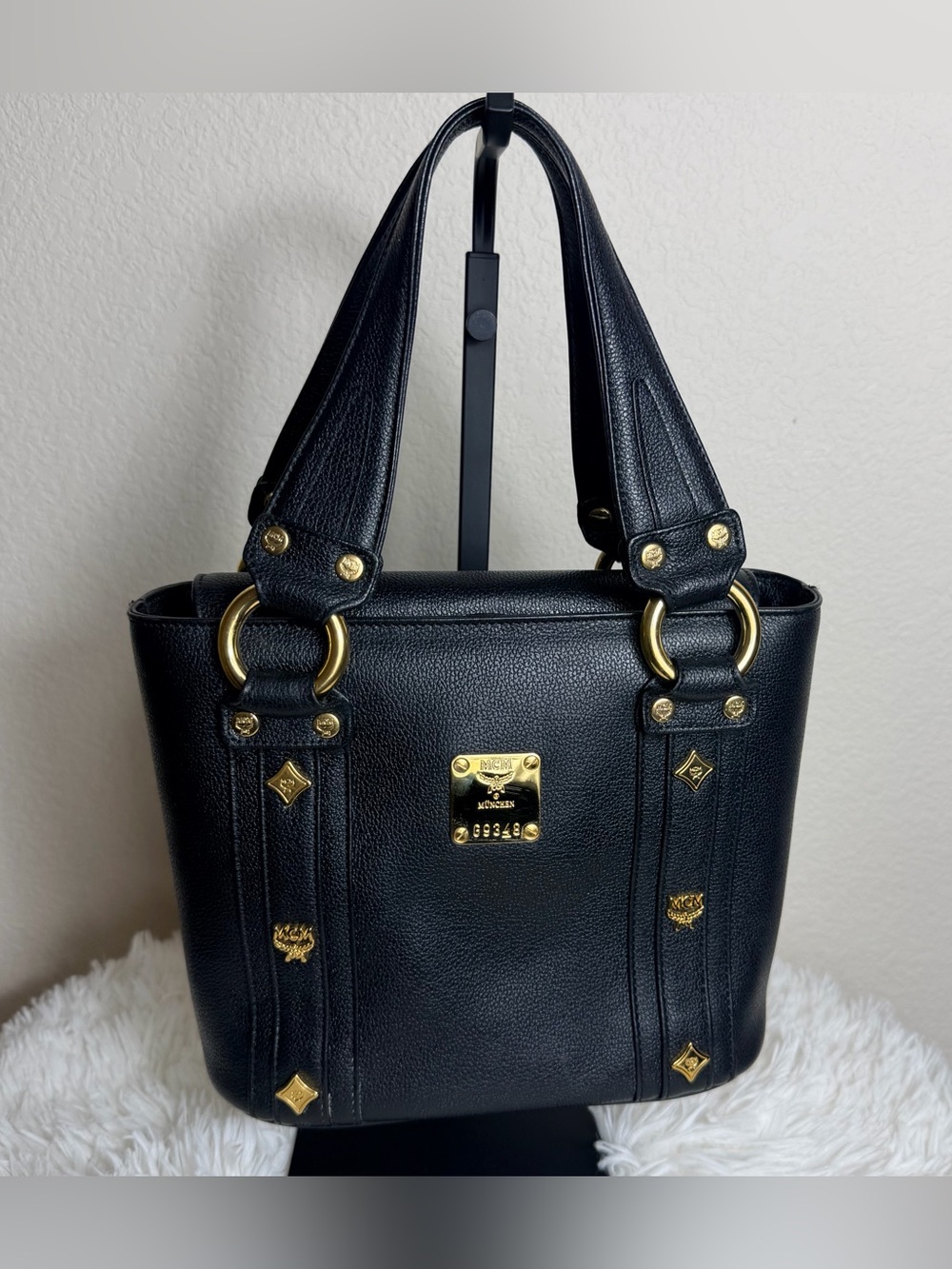 MCM Black Leather Munchen Studded Satchel Tote Bag